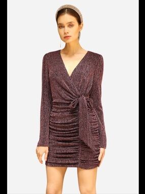 Adelyn Rae Metallic Dark Pink Wrap Ruched Mini Dress